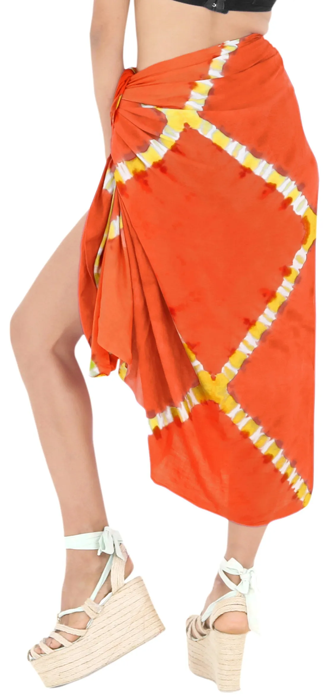 LA LEELA Wrap Pareo Suit Beach Sarong Bikini Cover up Tie Dye 78"X43" Orange_4517