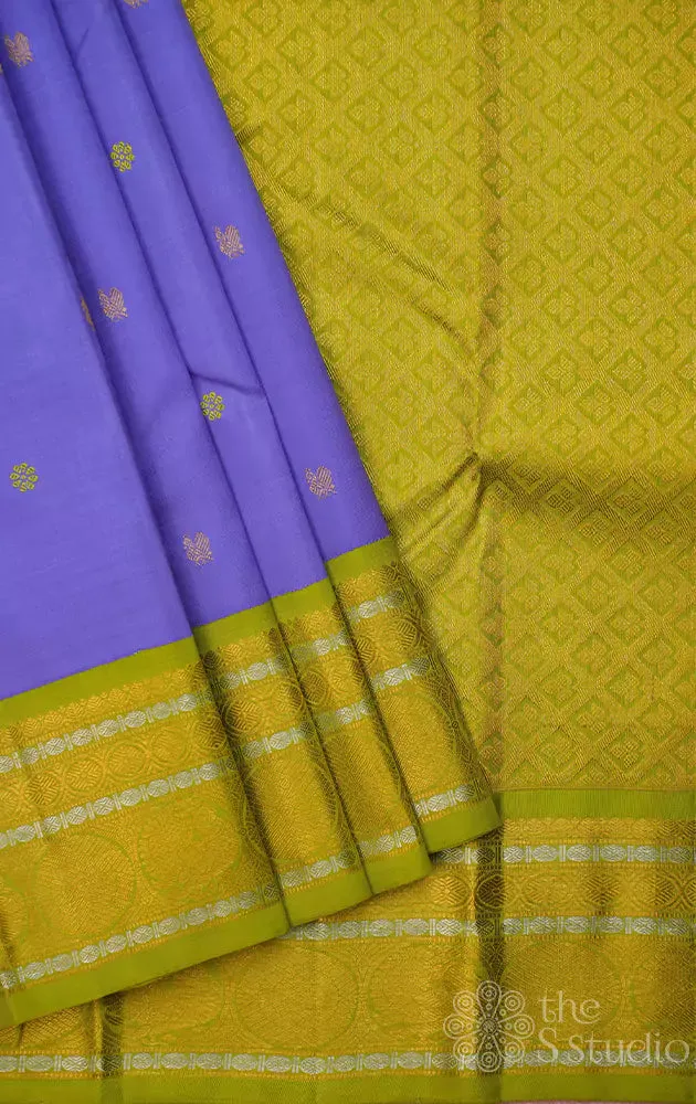 Lavender kanchipuram silk saree with small buttas and light green border