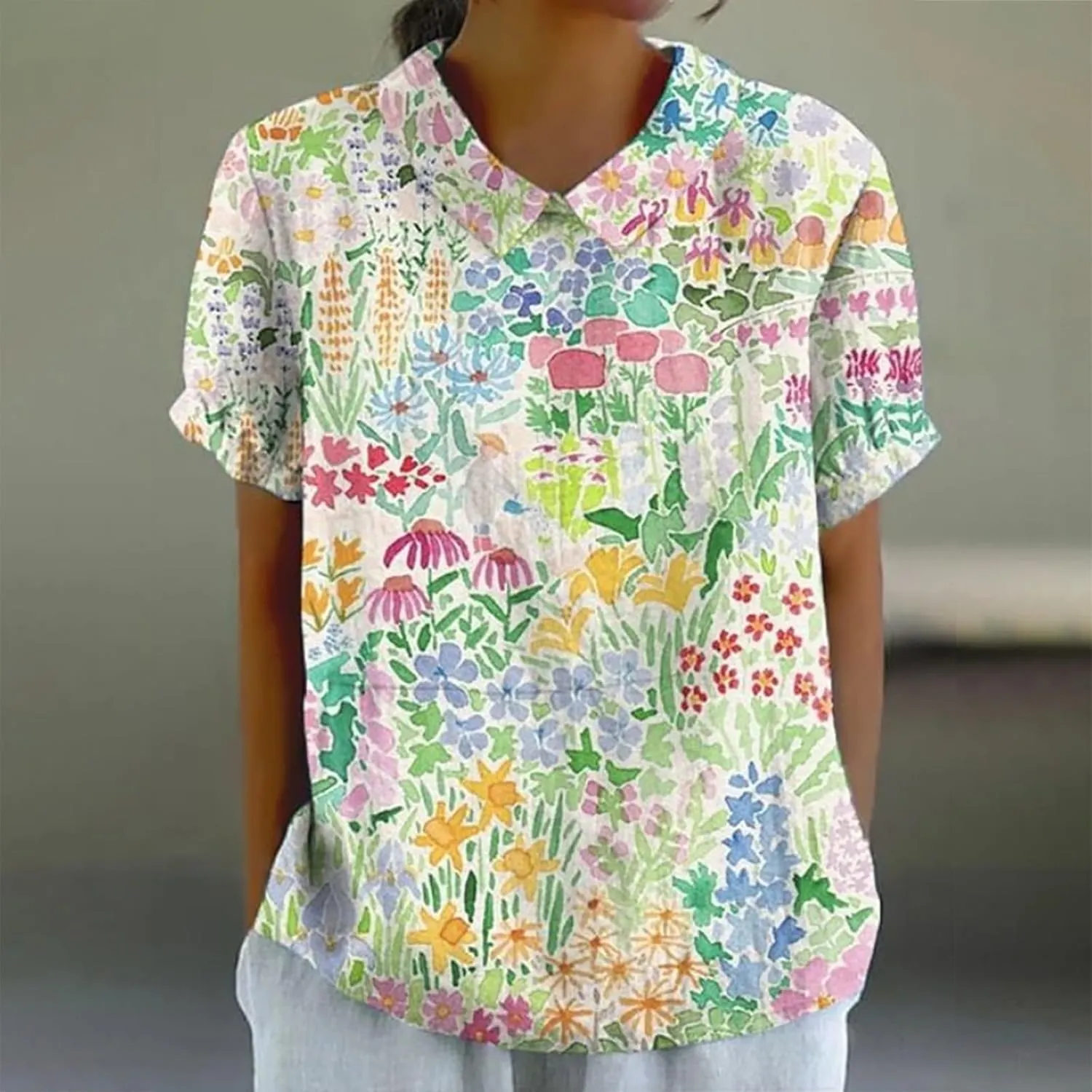 LCMTWX Womens Short Sleeve Cotton Linen Shirts Down Up Shirt Casual Collared V Neck Tops Shirts Loose Plus Size Short
