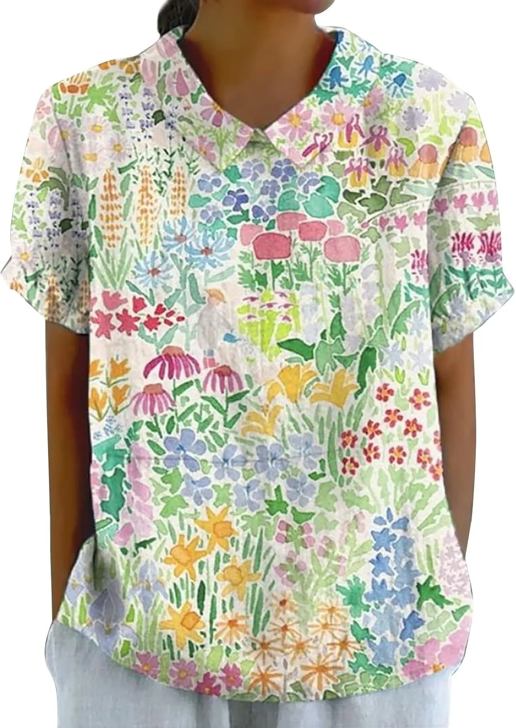 LCMTWX Womens Short Sleeve Cotton Linen Shirts Down Up Shirt Casual Collared V Neck Tops Shirts Loose Plus Size Short