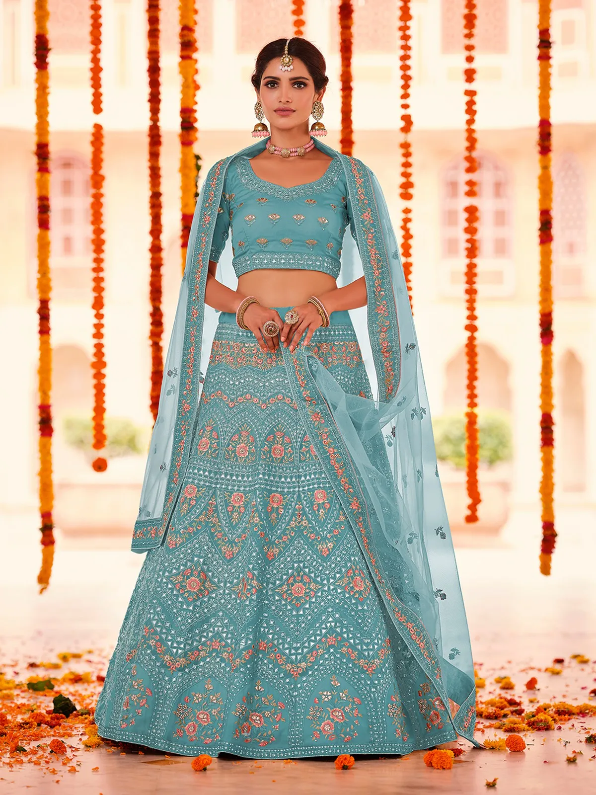 Light Blue Embroidered Organza Semi Stitched Lehenga With Unstitched Blouse