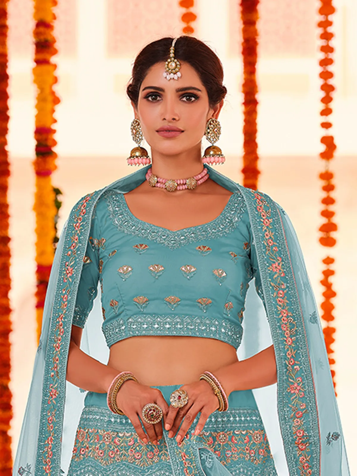 Light Blue Embroidered Organza Semi Stitched Lehenga With Unstitched Blouse