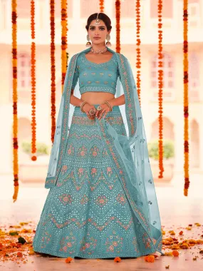 Light Blue Embroidered Organza Semi Stitched Lehenga With Unstitched Blouse