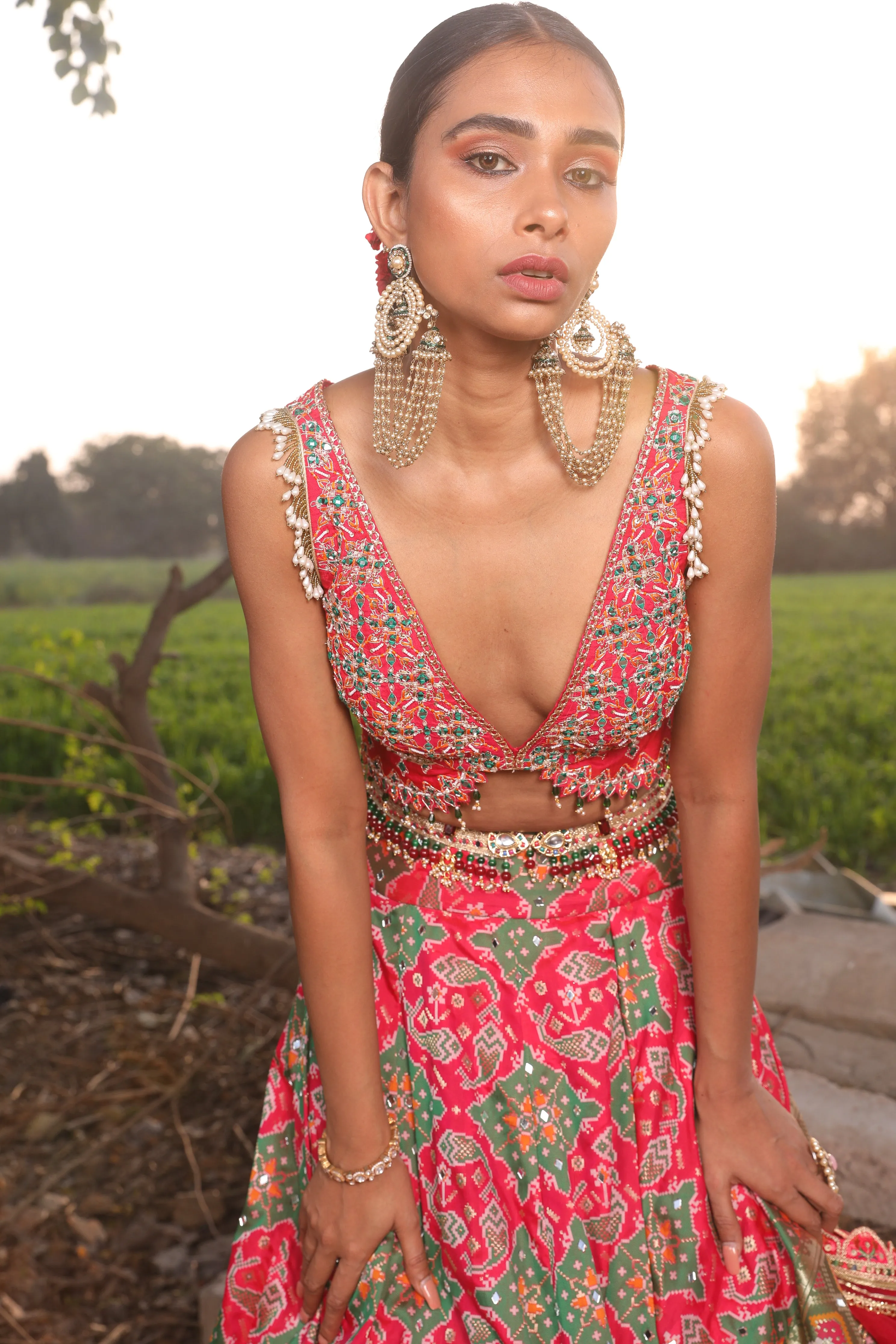 Light Coral Ikat Silk Lehenga