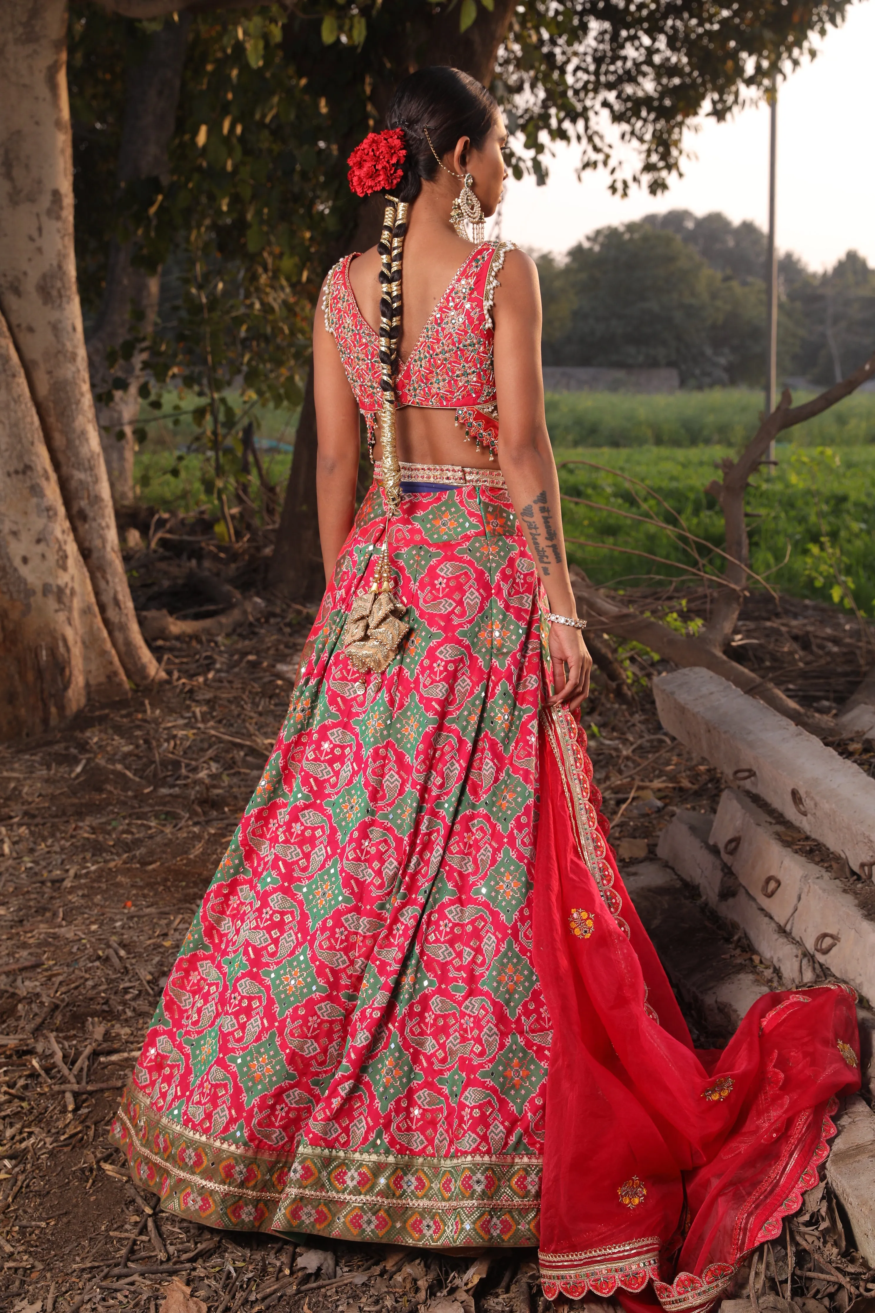 Light Coral Ikat Silk Lehenga
