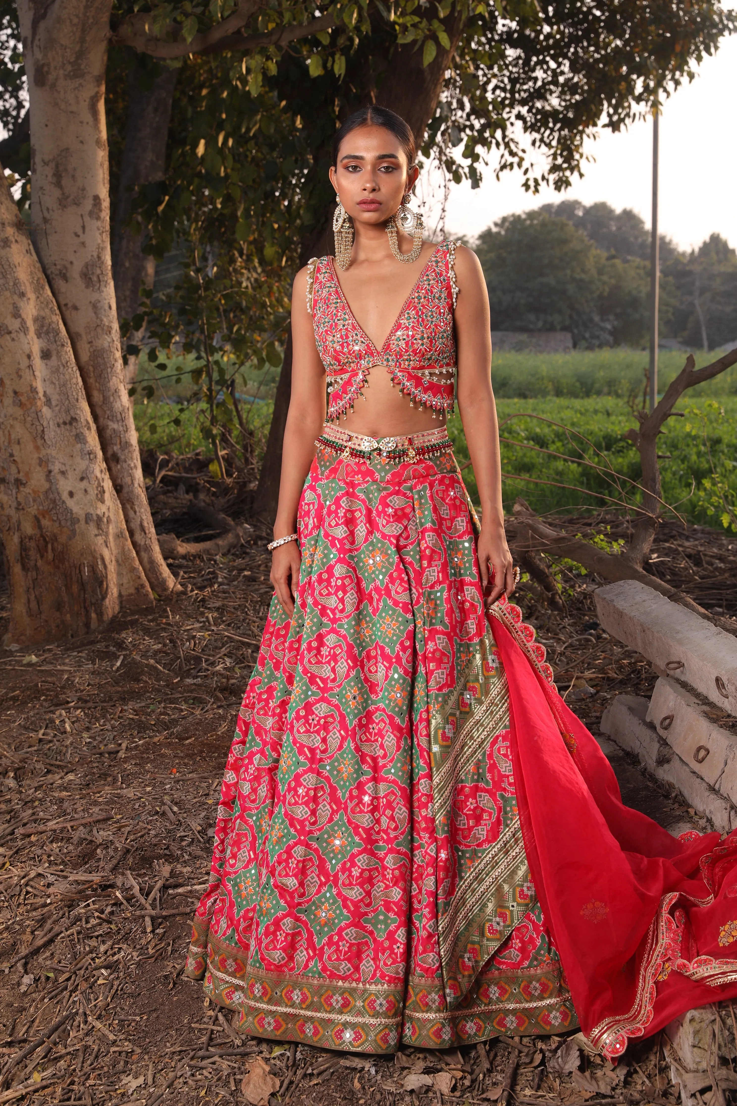 Light Coral Ikat Silk Lehenga