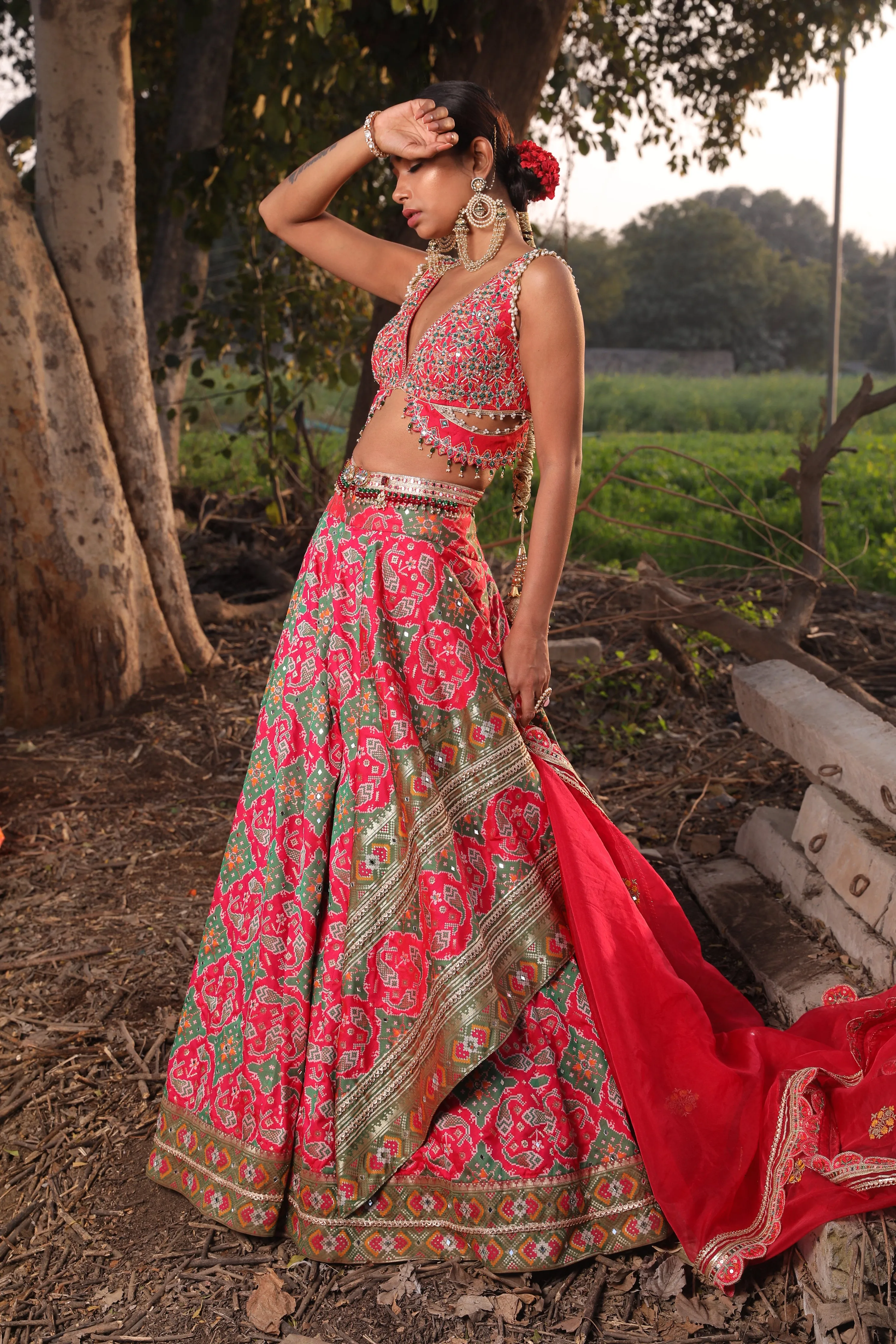 Light Coral Ikat Silk Lehenga