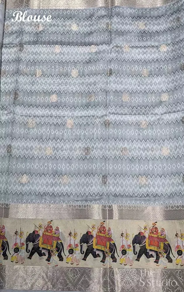 Light grey printed saree with elephant border
