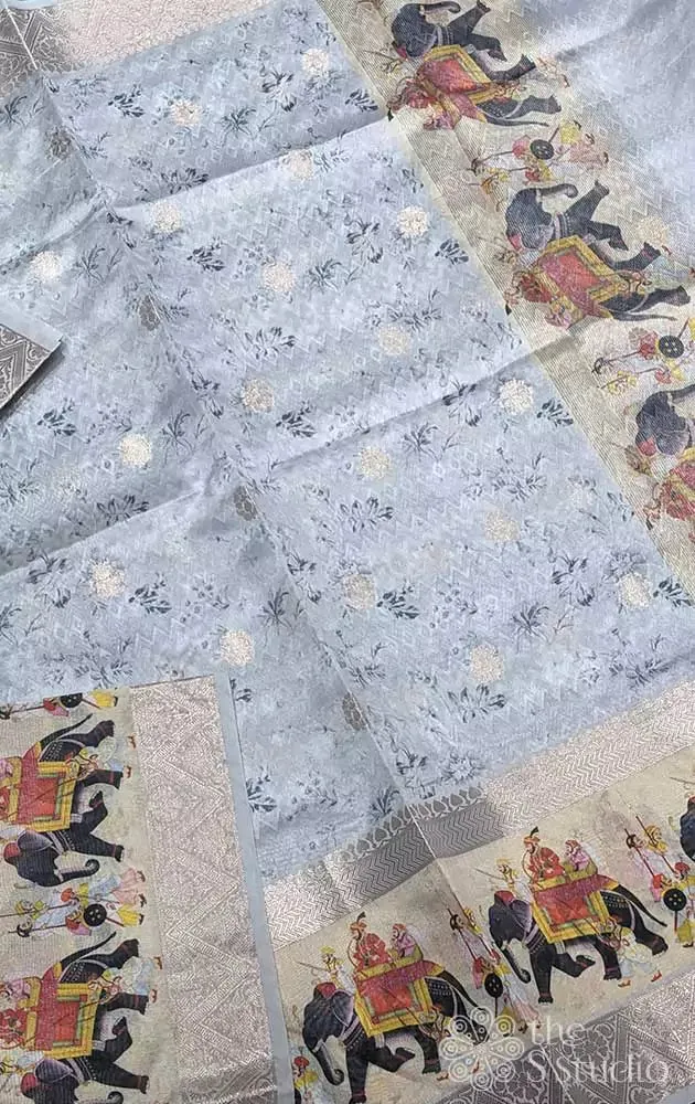 Light grey printed saree with elephant border
