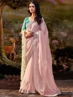 Light Pink Pure Organza Sequins Embroidered Designer Saree