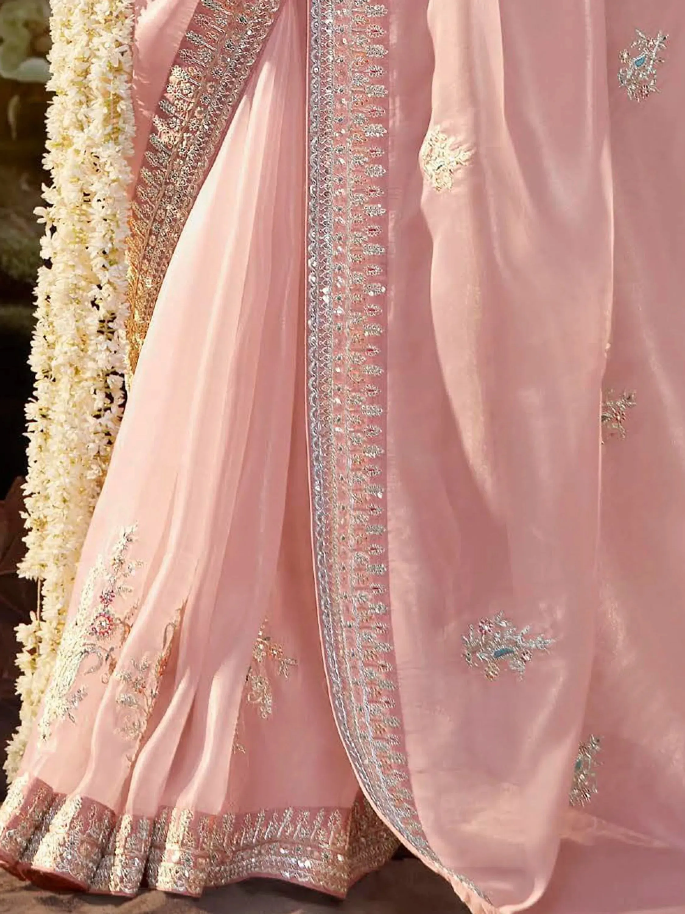 Light Pink Pure Organza Sequins Embroidered Designer Saree