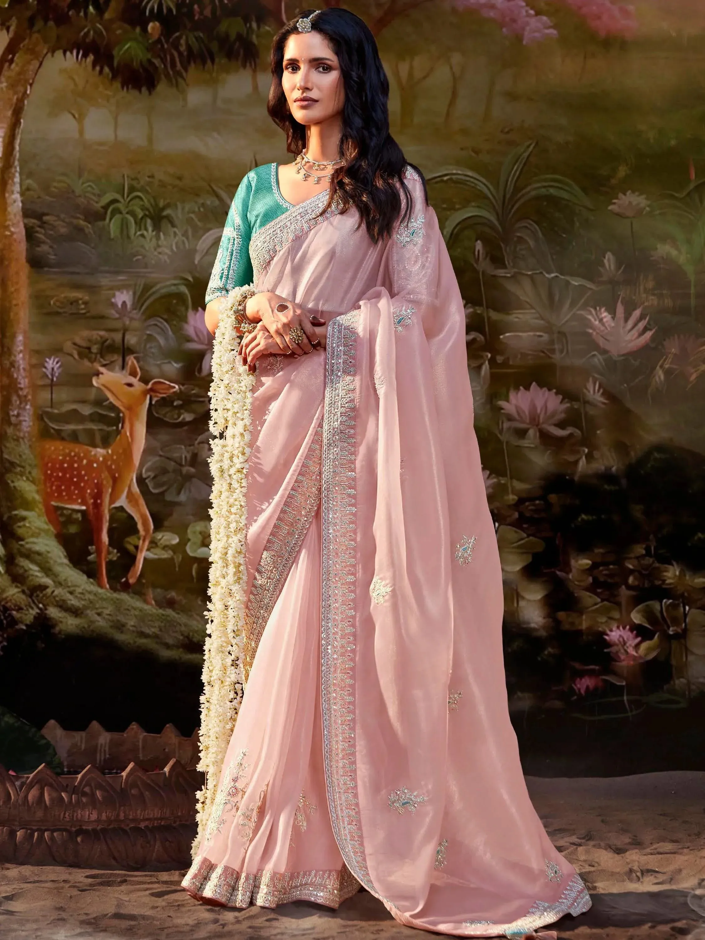 Light Pink Pure Organza Sequins Embroidered Designer Saree