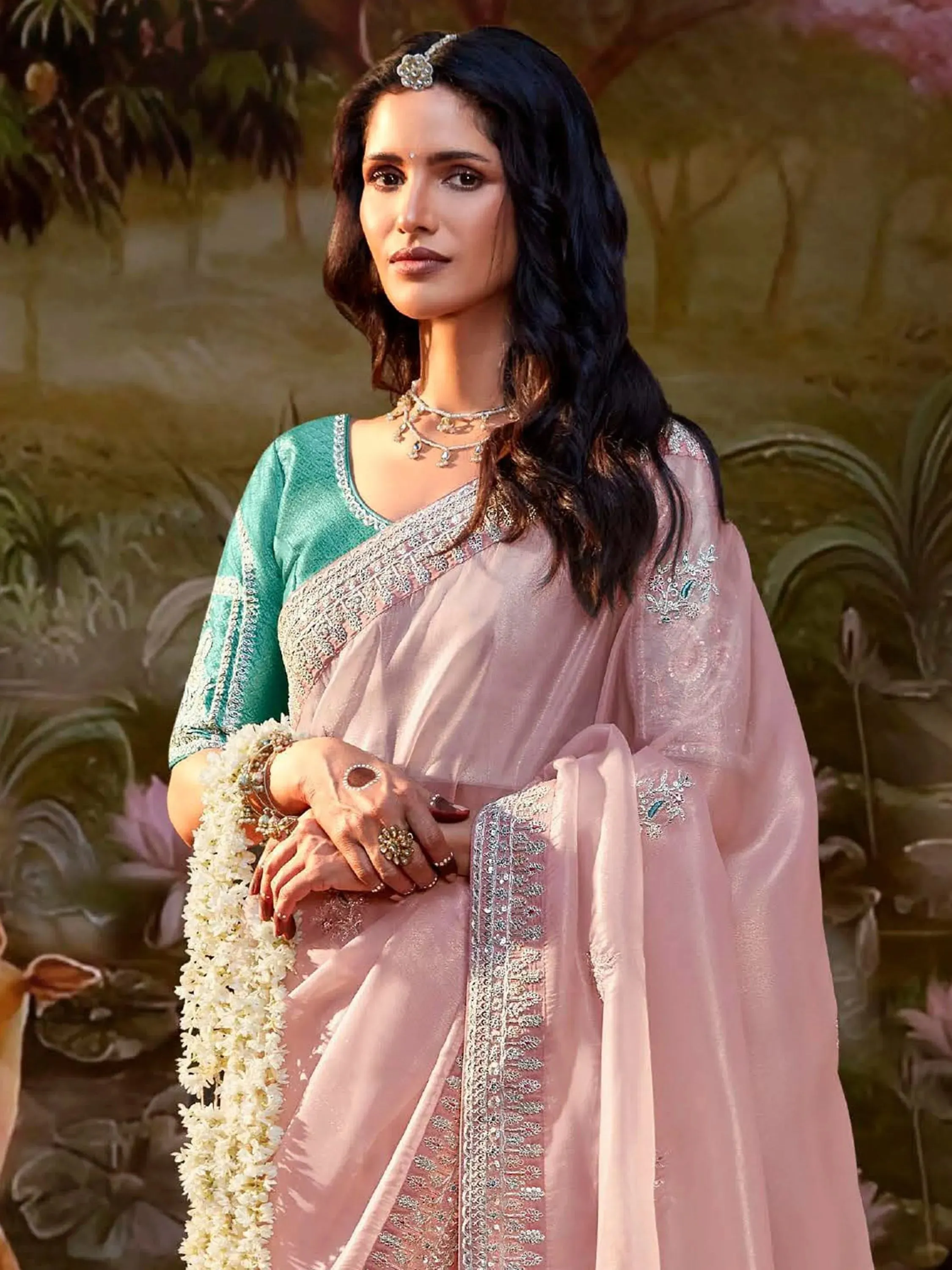 Light Pink Pure Organza Sequins Embroidered Designer Saree