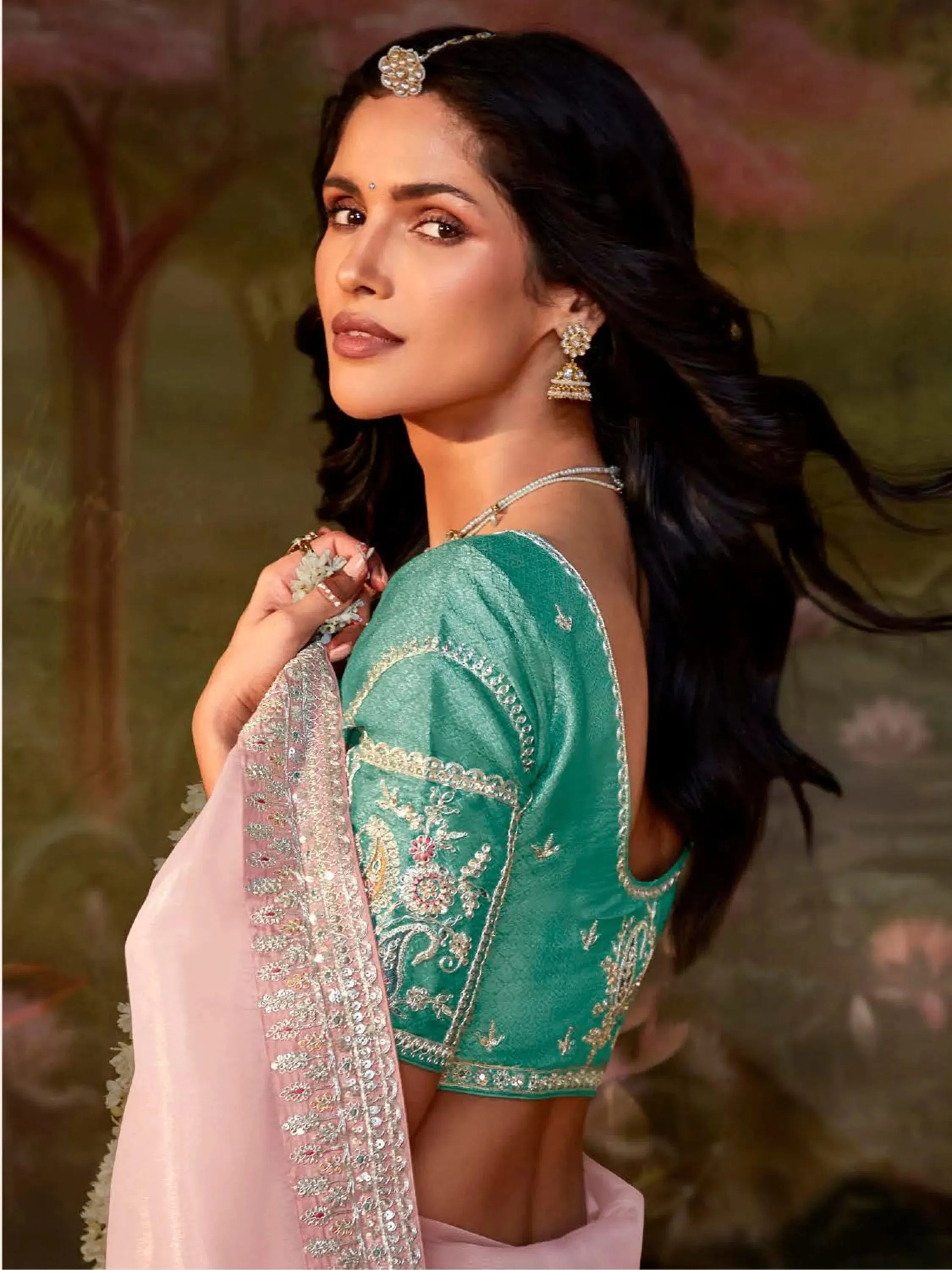 Light Pink Pure Organza Sequins Embroidered Designer Saree