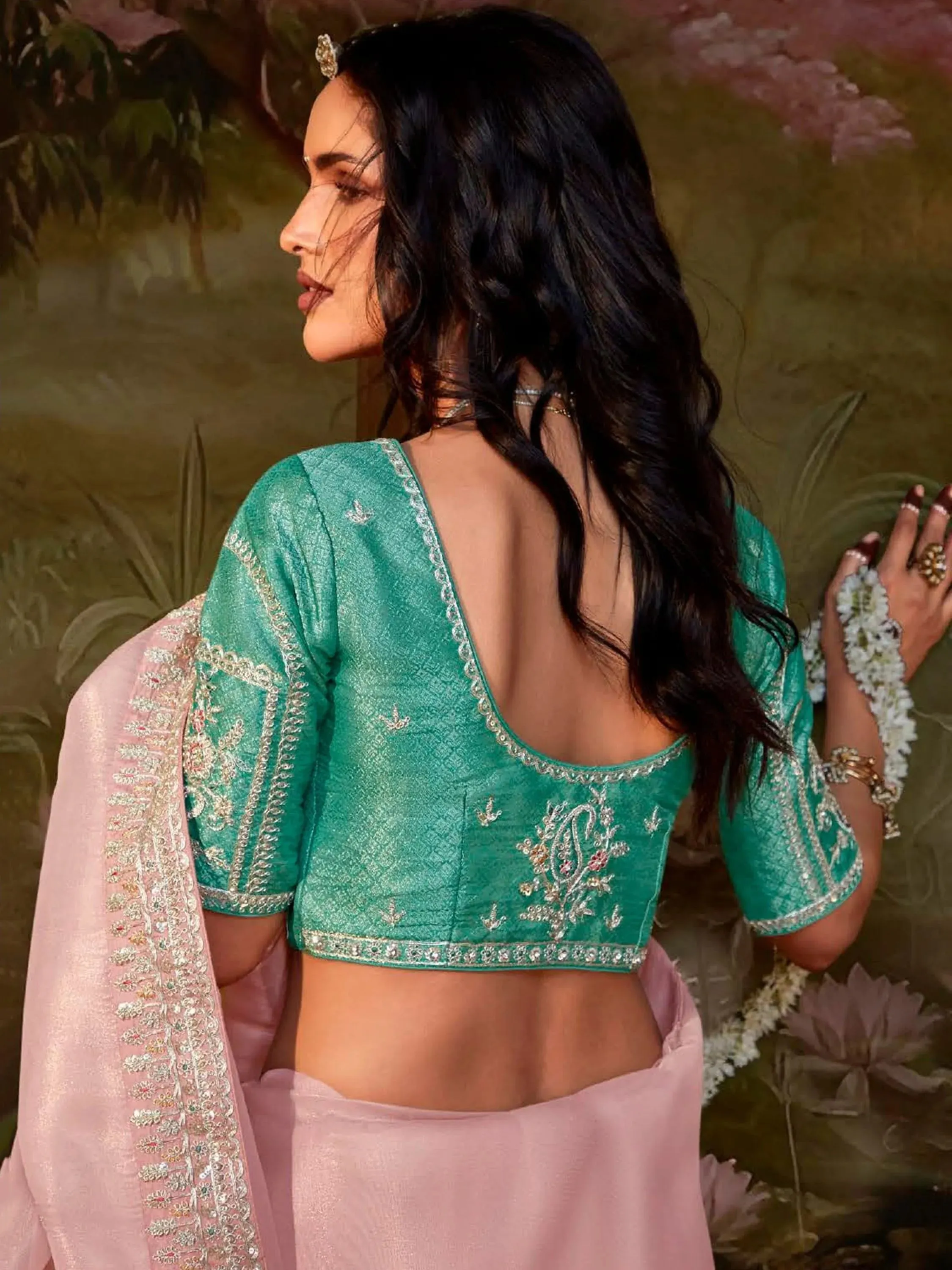 Light Pink Pure Organza Sequins Embroidered Designer Saree