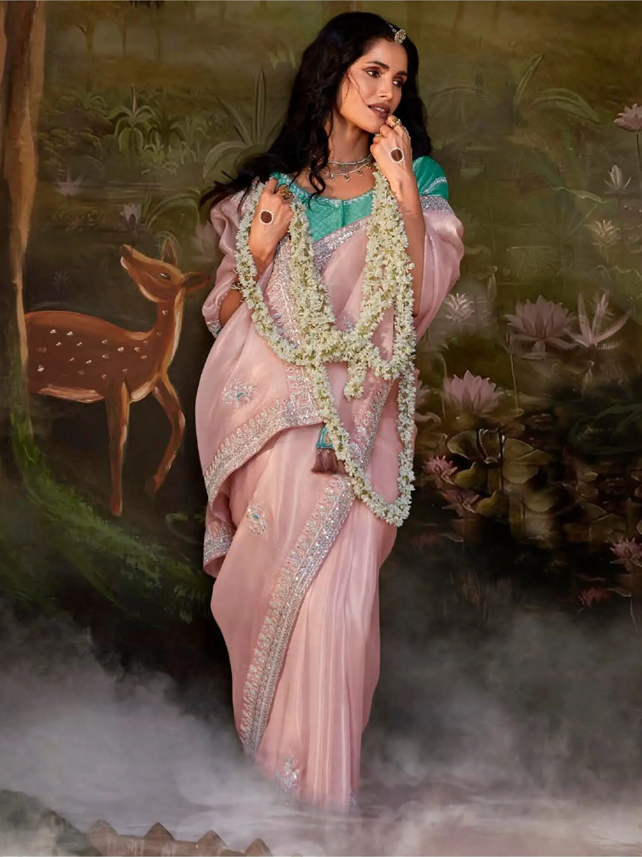 Light Pink Pure Organza Sequins Embroidered Designer Saree