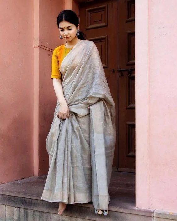 Majesty  Light grey Colored  Festive Wear Linen Saree