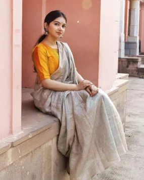 Majesty  Light grey Colored  Festive Wear Linen Saree