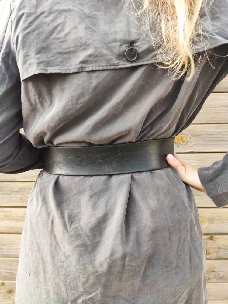 Personalized Handcrafted Black Leather Waist Belt - Wide Dress Belt for Women - Customizable Gift for Her - Silver Ring Closure