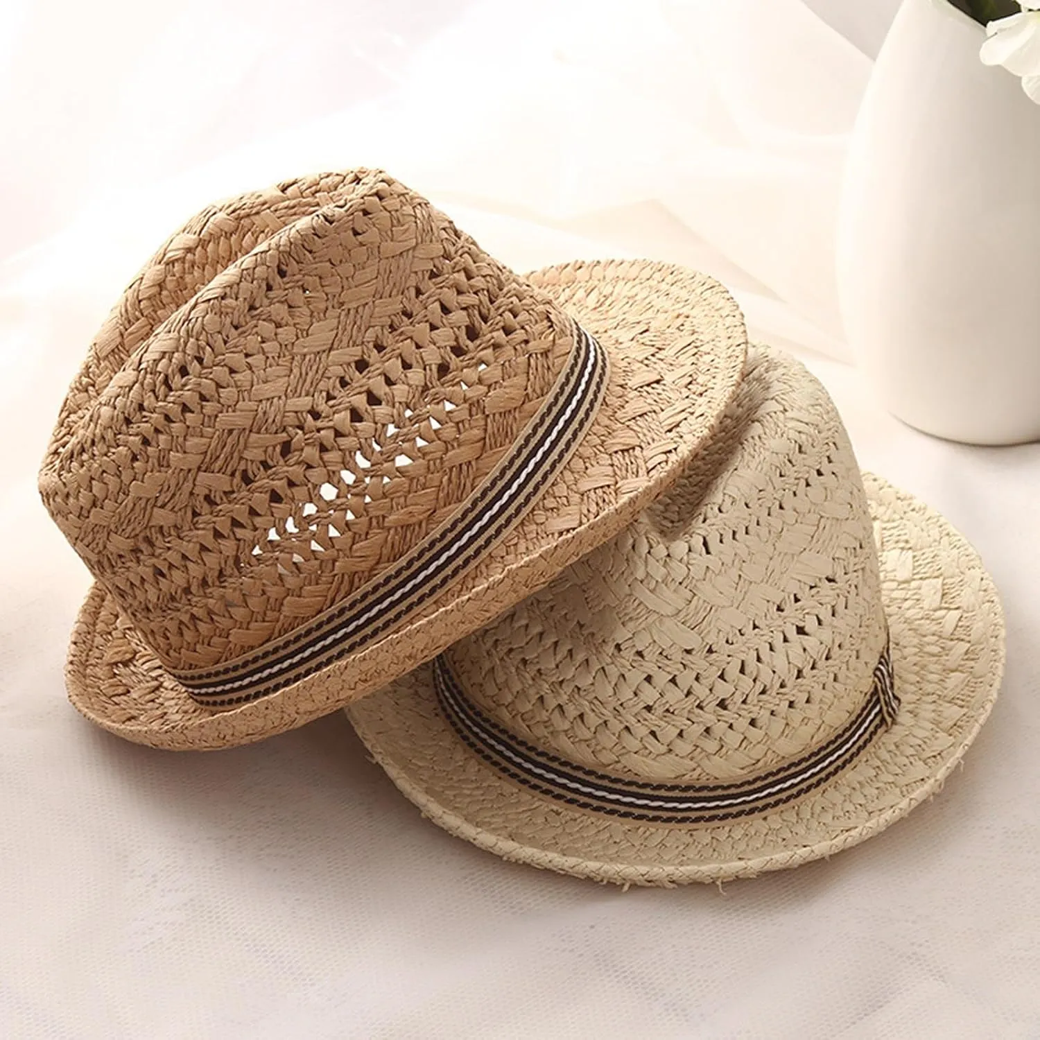 PURFUN Kids Short Brim Fedora Hat Girls Boys Jazz Trilby Hat Anti-UV UPF 50  Travel Beach Panama Hat Straw Hats for 2-6 Yrs