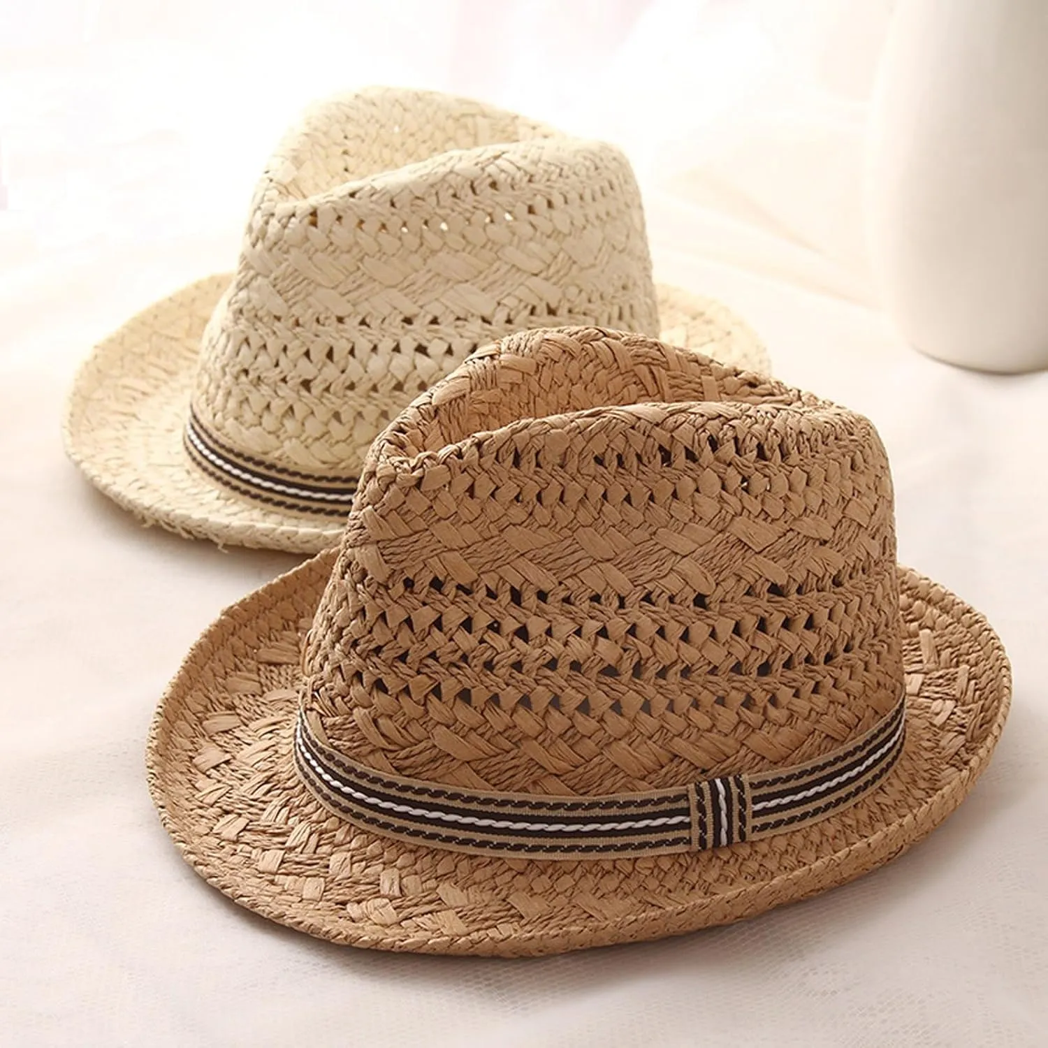 PURFUN Kids Short Brim Fedora Hat Girls Boys Jazz Trilby Hat Anti-UV UPF 50  Travel Beach Panama Hat Straw Hats for 2-6 Yrs
