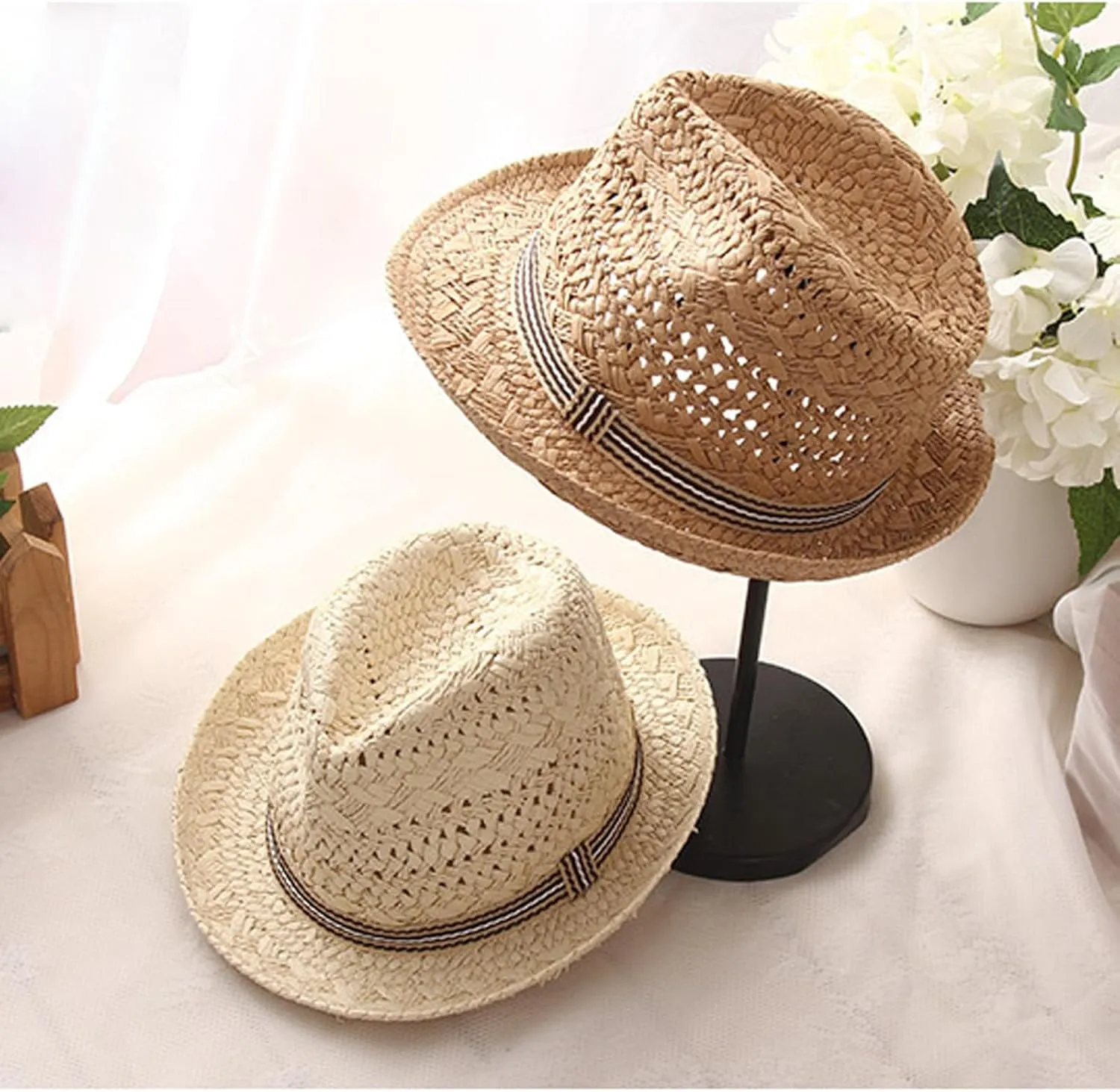 PURFUN Kids Short Brim Fedora Hat Girls Boys Jazz Trilby Hat Anti-UV UPF 50  Travel Beach Panama Hat Straw Hats for 2-6 Yrs