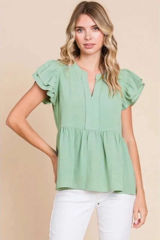 Sage Ruffle Peplum Blouse