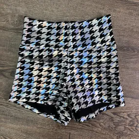 SALE - High Waist Booty Shorts - Silver/Black Houndstooth Holographic