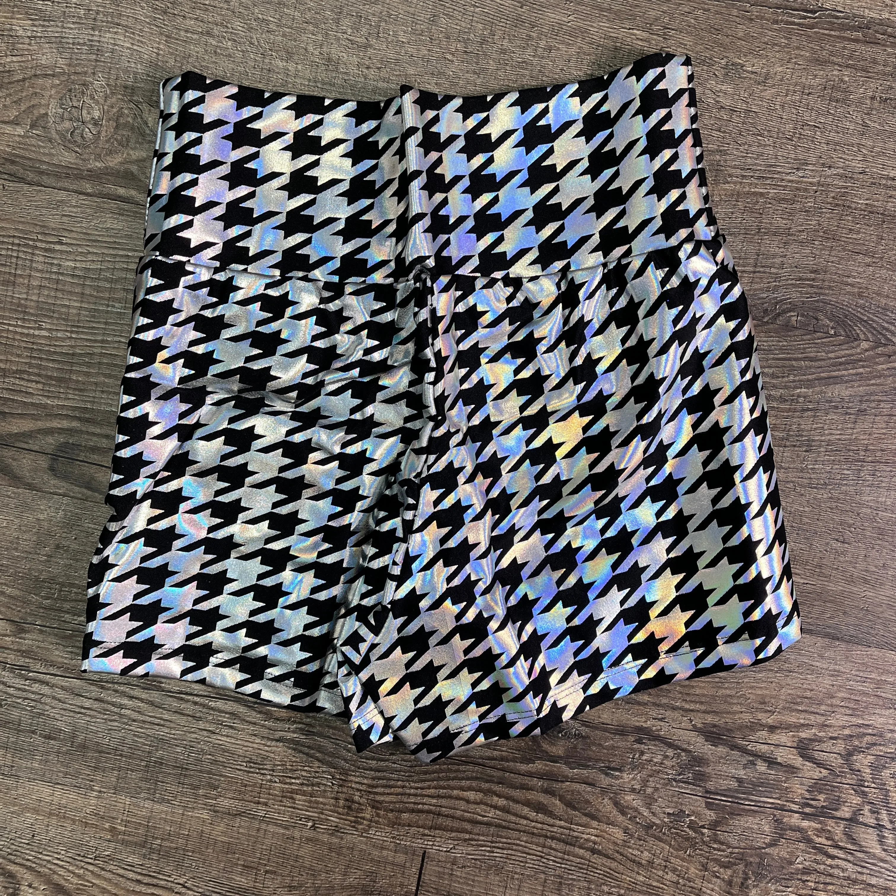 SALE - High Waist Booty Shorts - Silver/Black Houndstooth Holographic