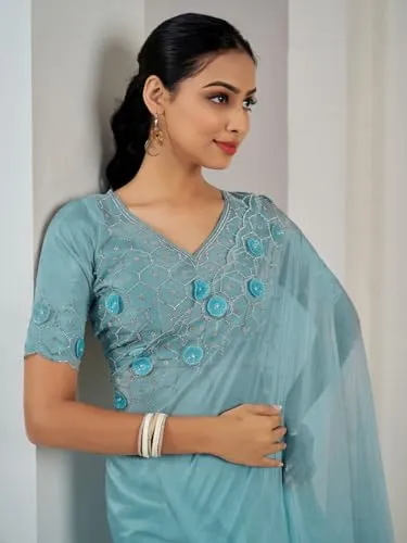 SAREE MALL Women's Light Blue Organza Embellished Saree With Unstitched Blouse (MAHEK1033C_MK)
