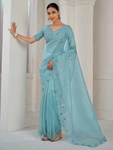 SAREE MALL Women's Light Blue Organza Embellished Saree With Unstitched Blouse (MAHEK1033C_MK)