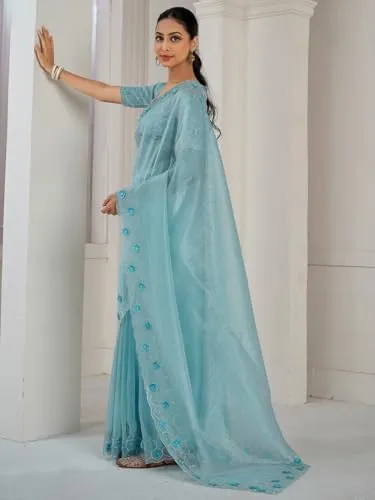 SAREE MALL Women's Light Blue Organza Embellished Saree With Unstitched Blouse (MAHEK1033C_MK)