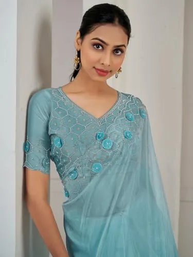 SAREE MALL Women's Light Blue Organza Embellished Saree With Unstitched Blouse (MAHEK1033C_MK)