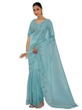 SAREE MALL Women's Light Blue Organza Embellished Saree With Unstitched Blouse (MAHEK1033C_MK)