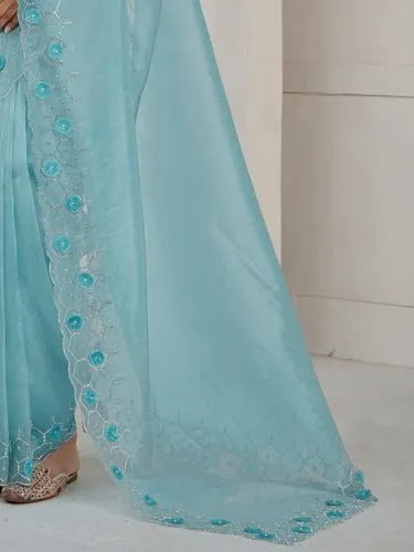 SAREE MALL Women's Light Blue Organza Embellished Saree With Unstitched Blouse (MAHEK1033C_MK)