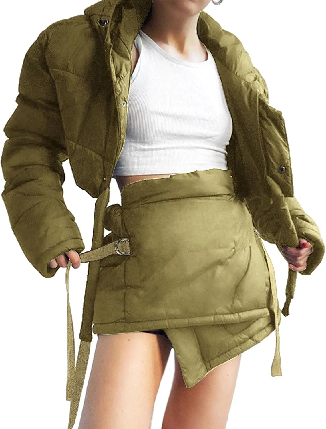 Sexyshine Women's Stylish Quilted Jacket 2 Piece Outfit Zip Up Hooded Short Down Crop Coat Lace Up Bandage Puffer Skort Set