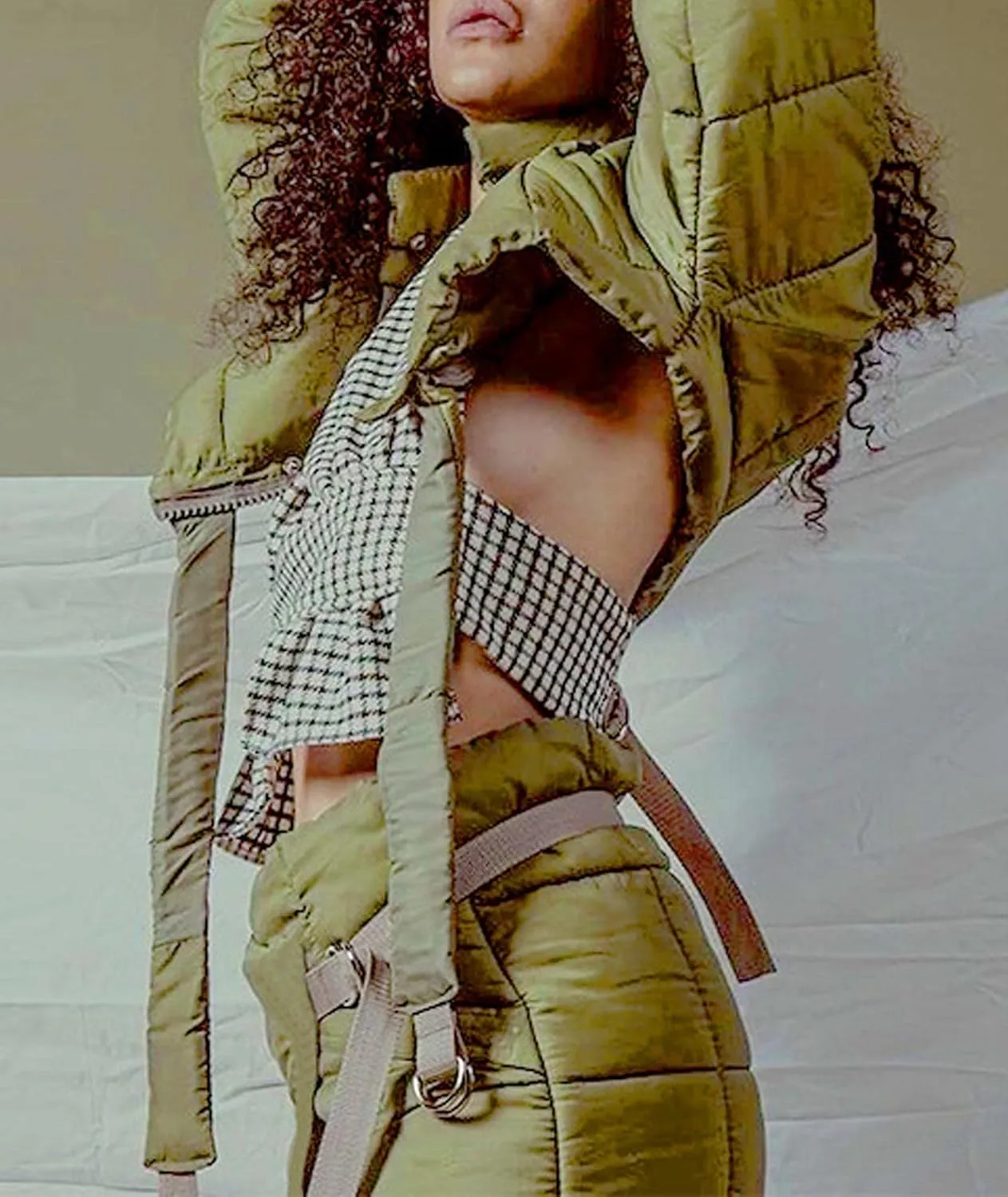 Sexyshine Women's Stylish Quilted Jacket 2 Piece Outfit Zip Up Hooded Short Down Crop Coat Lace Up Bandage Puffer Skort Set