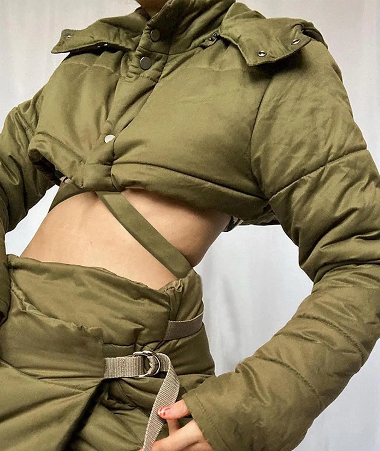 Sexyshine Women's Stylish Quilted Jacket 2 Piece Outfit Zip Up Hooded Short Down Crop Coat Lace Up Bandage Puffer Skort Set