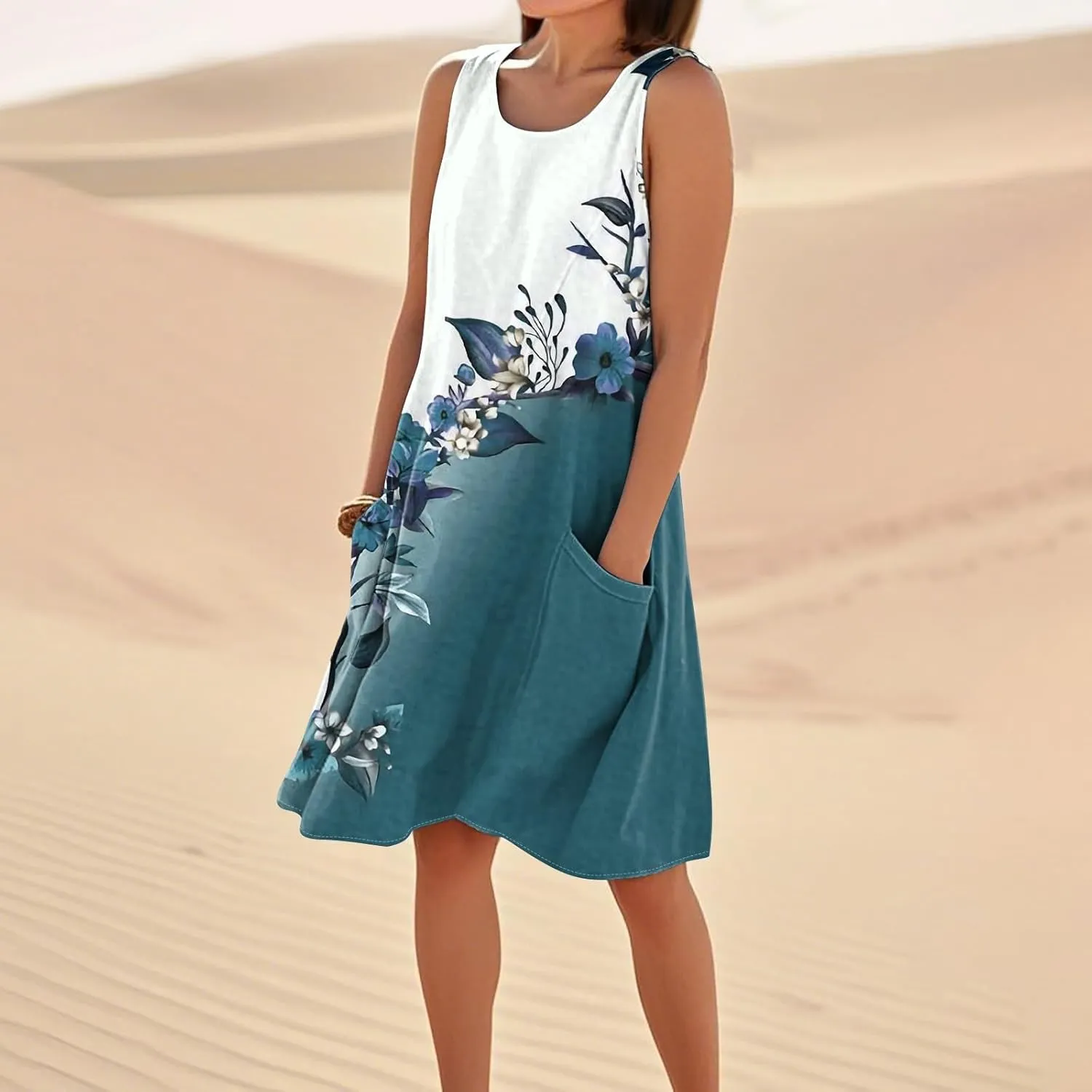 Summer Dresses for Women Boho Beach Dress Sleeveless Sundresses with Pockets Casual Loose Tank Tshirt Sun Dress