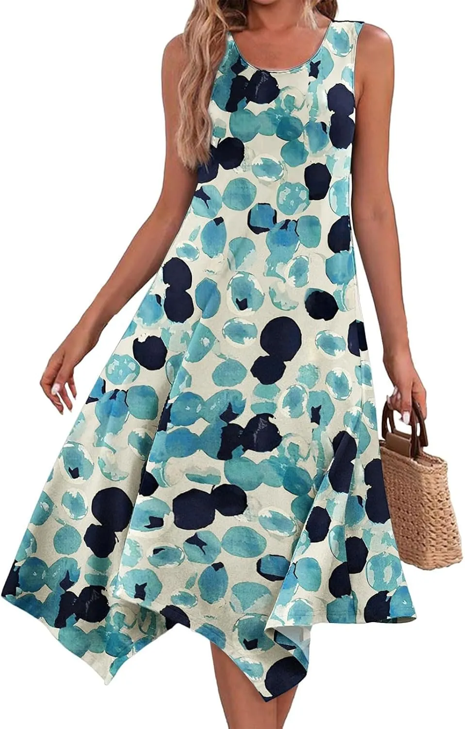 Summer Dresses for Women Summer Casual Flowy Sundresses Beach Hankerchief Hem Midi Tank Dresses Floral Sleeveless Dress