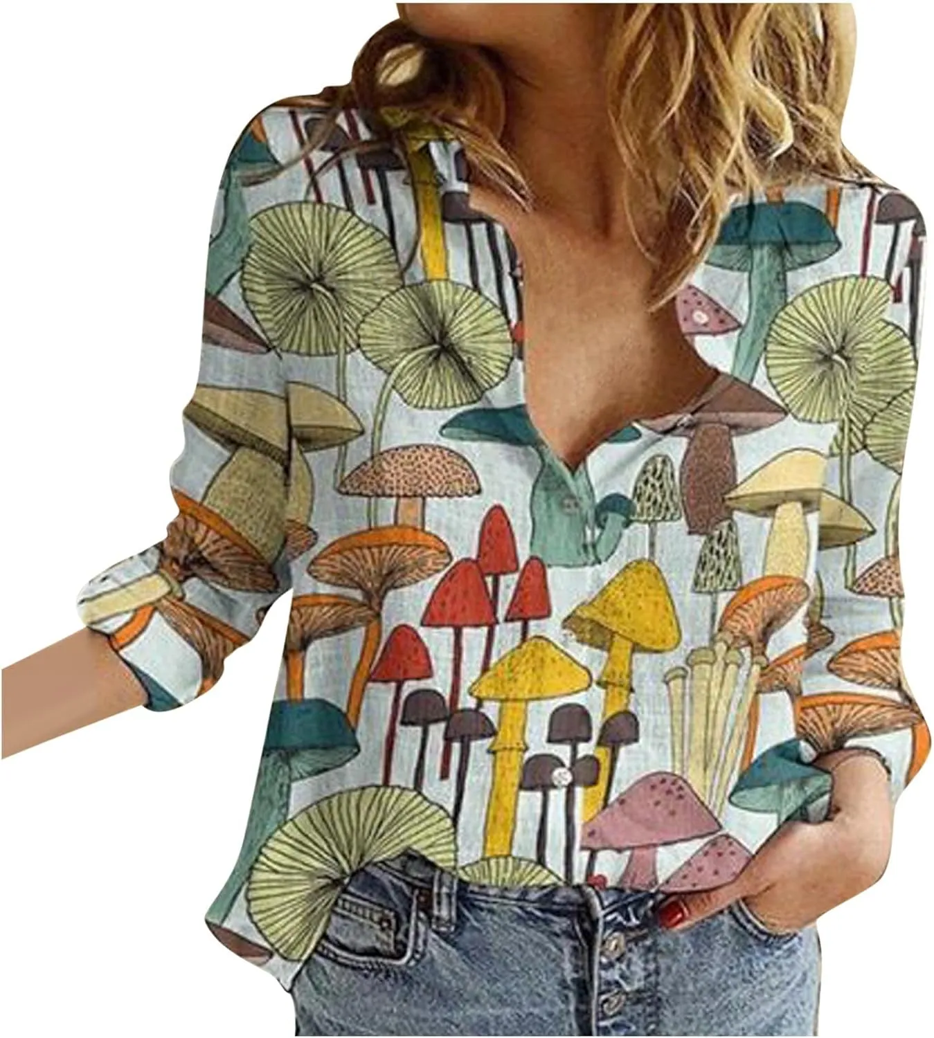 Tops for Women Lapel V Neck Mushroom Print Shirts Summer Cotton Linen Tees Shirts Long Sleeve Button Down Blouses