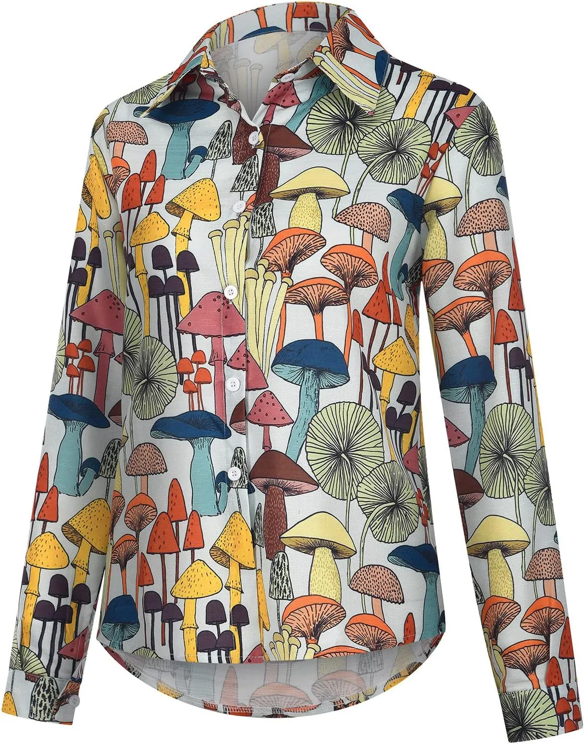 Tops for Women Lapel V Neck Mushroom Print Shirts Summer Cotton Linen Tees Shirts Long Sleeve Button Down Blouses