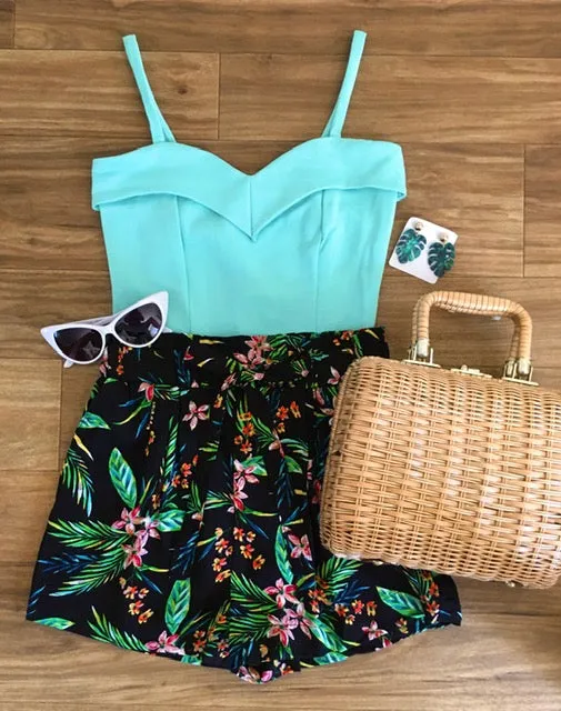 Tropical Black High Waist Floral Shorts