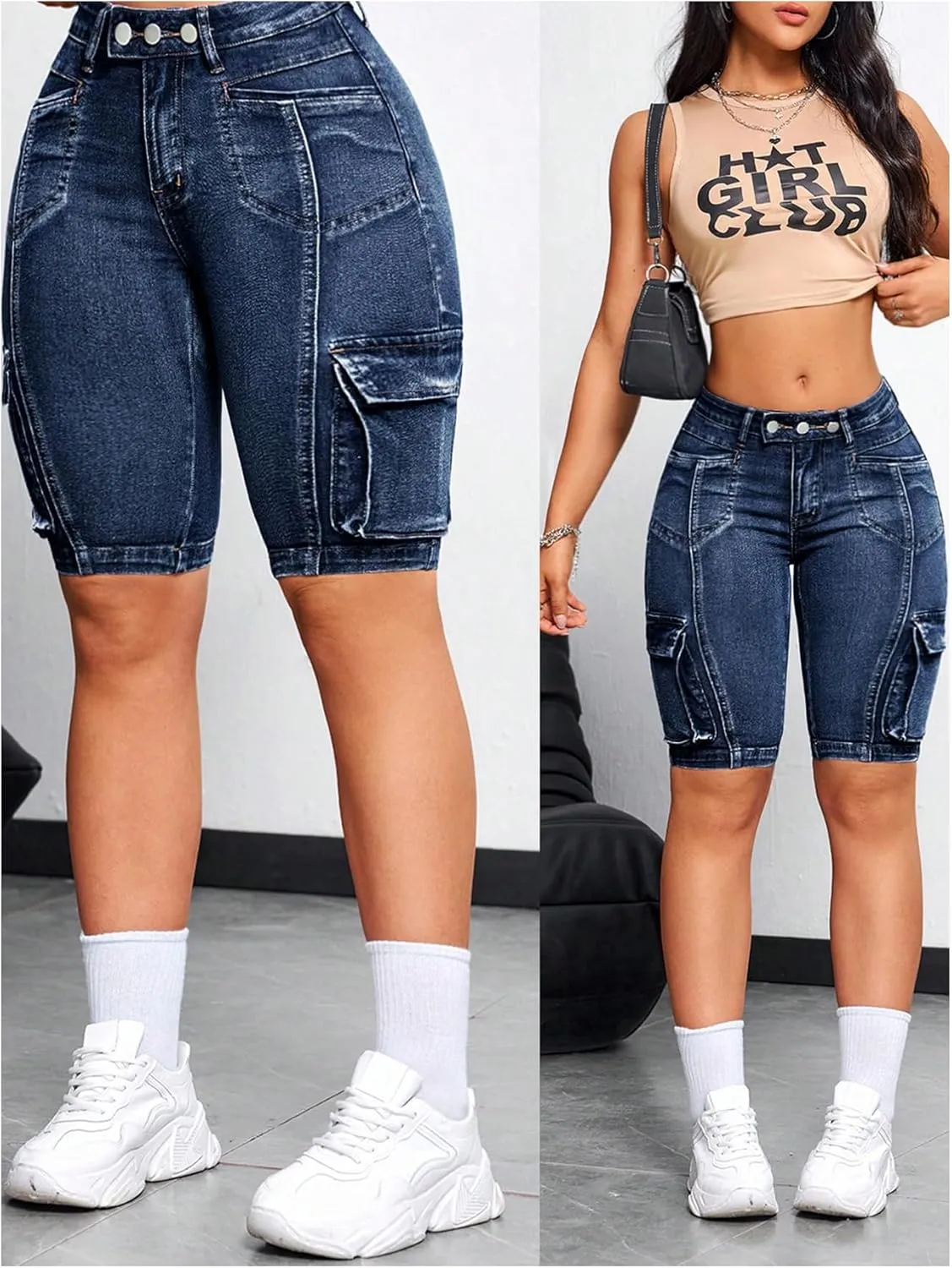 WDIRARA Women's Skinny Stretchy Bermuda Jean Shorts Low Rise Denim Cargo Shorts Streetwear