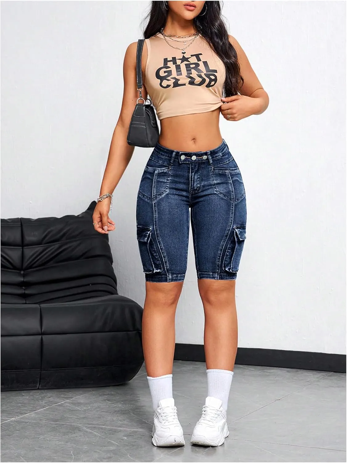 WDIRARA Women's Skinny Stretchy Bermuda Jean Shorts Low Rise Denim Cargo Shorts Streetwear
