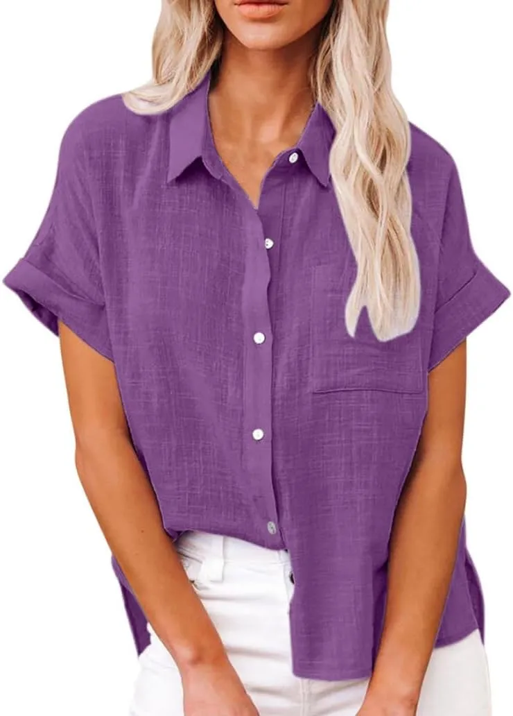 Women Button Down Shirts for Women Summer Cotton Linen Tops V Neck Short Sleeve Dressy T-Shirts Work Tops with Pocket