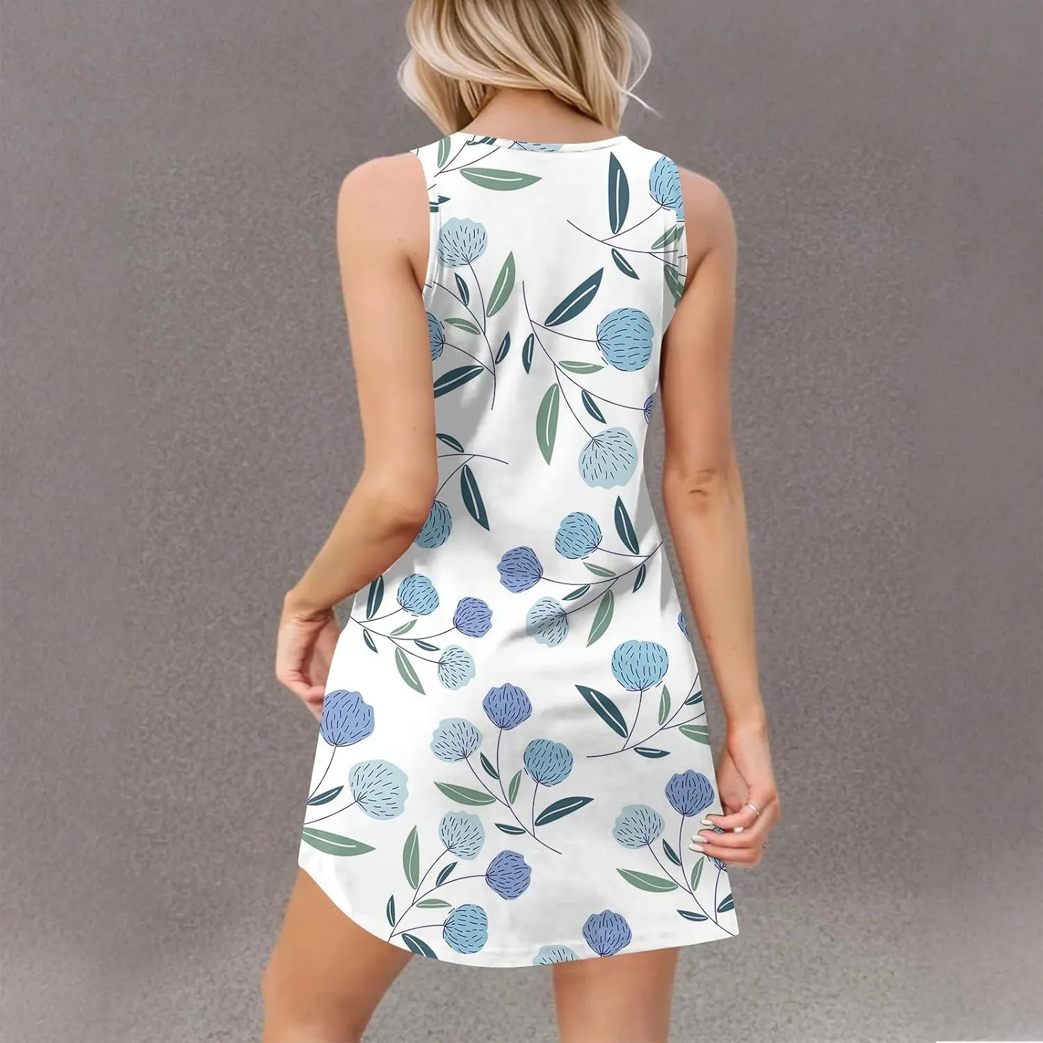 Women Summer Dresses 2025 Beach Swimsuit Coverup Printed V Neck Dress with Pocket Vacation Sleeveless Sundress