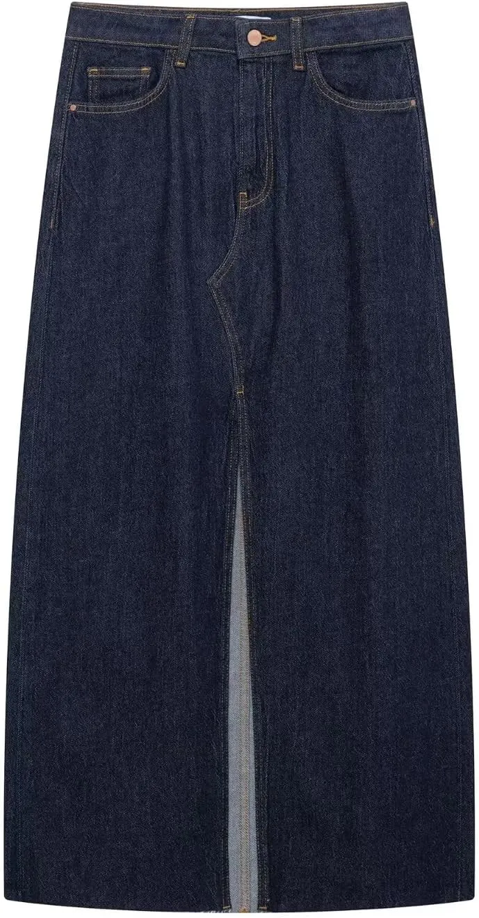 Women's Classic Dark Blue Stylish Front Slit Denim Midi Skirt