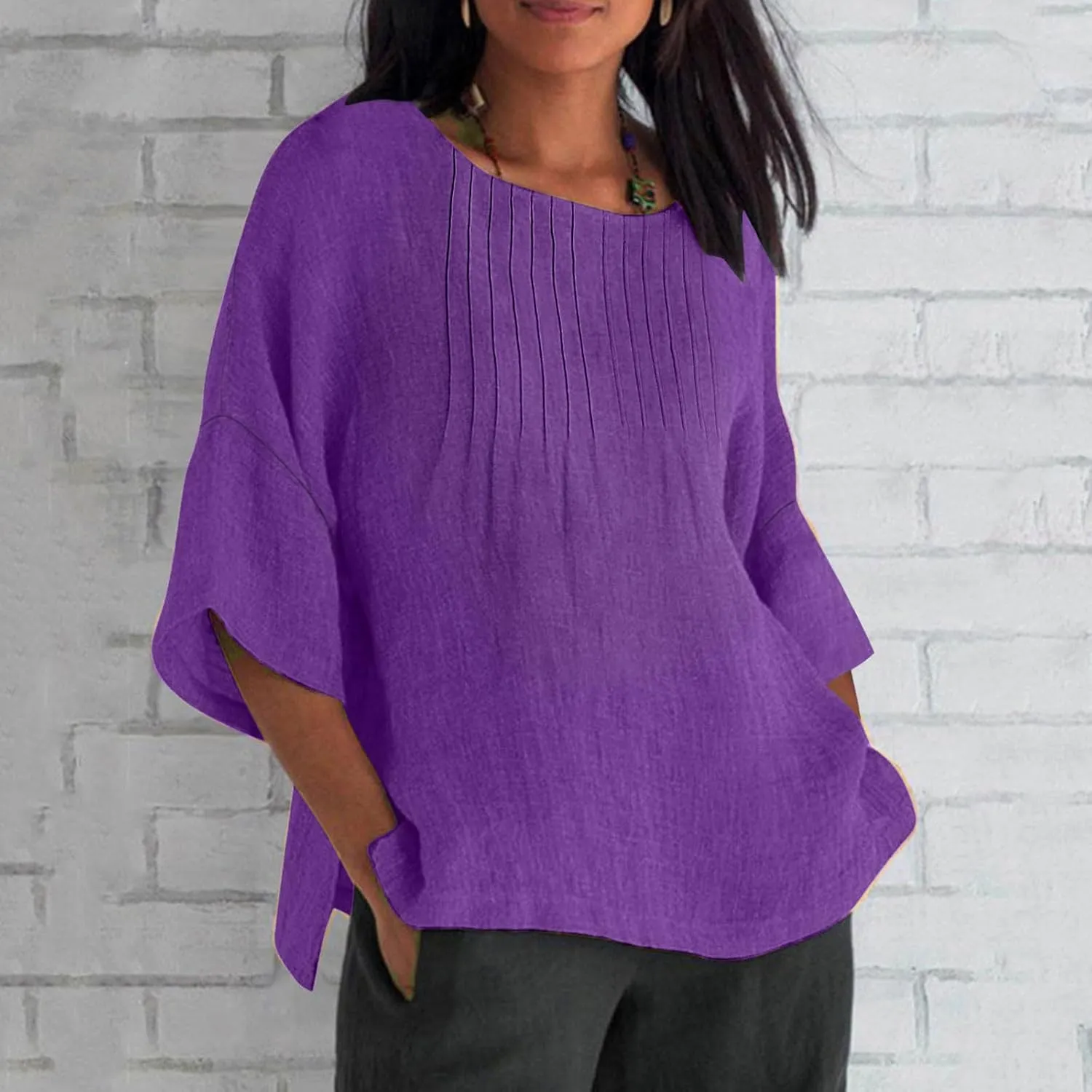 Womens Linen Shirts and Blouses 3/4 Length Sleeve Lace Embroidery Tunic Short Sleeve Blouse Casual Loose Elegant Tops
