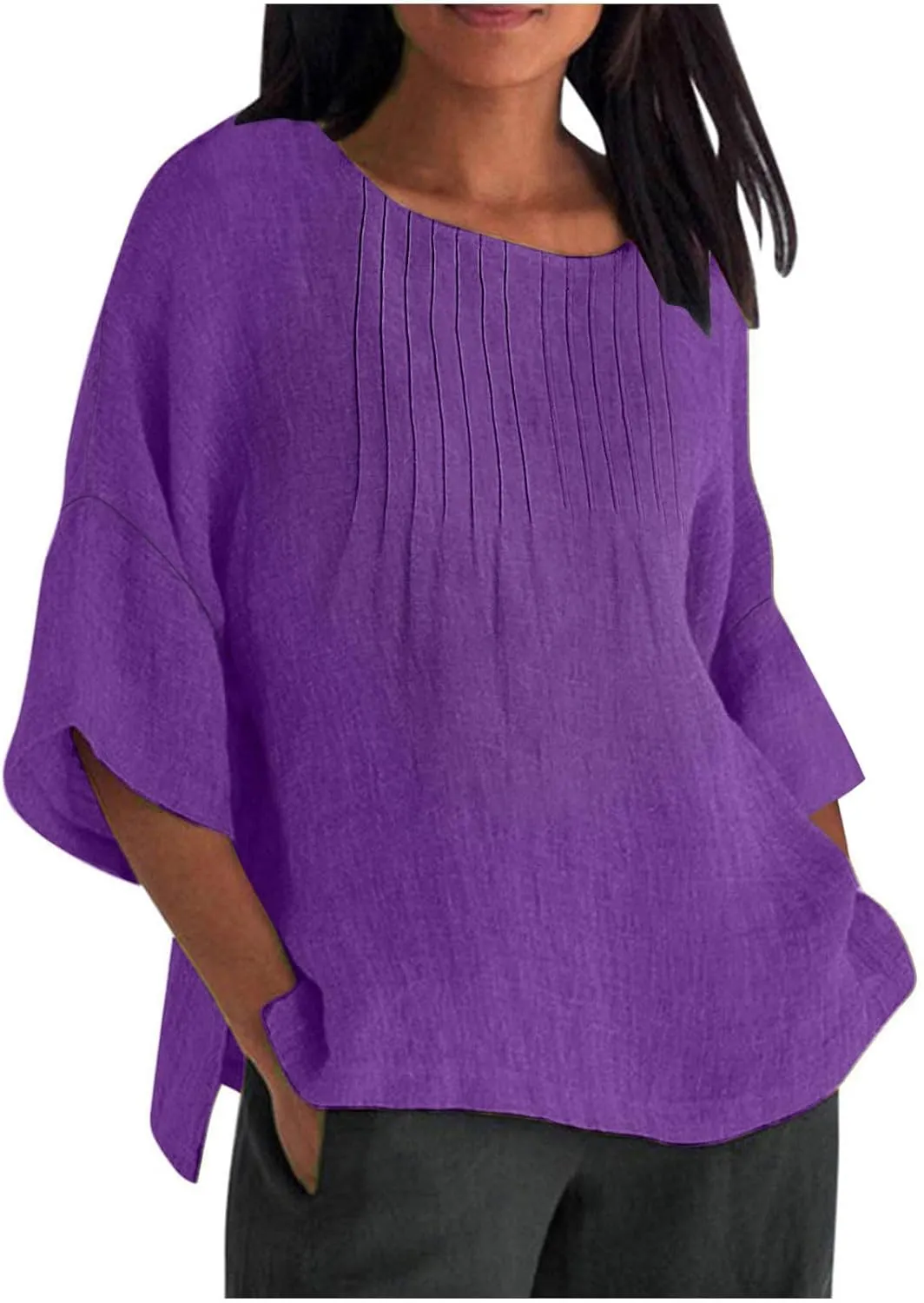 Womens Linen Shirts and Blouses 3/4 Length Sleeve Lace Embroidery Tunic Short Sleeve Blouse Casual Loose Elegant Tops